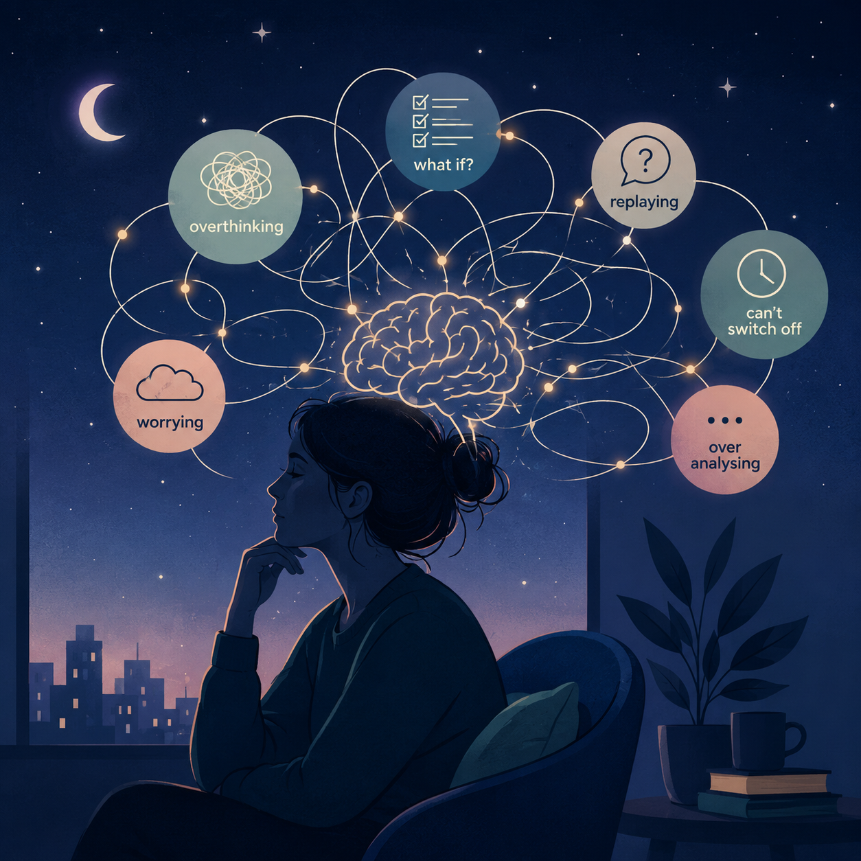 Photographic bedside scene representing overthinking, wakefulness and a busy mind