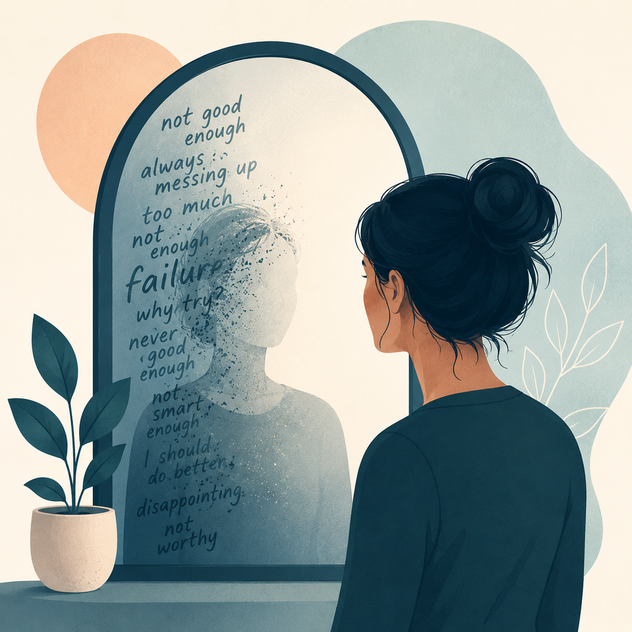 Photographic reflective still life with mirror, journal and repaired ceramic bowl representing self-criticism and self-worth