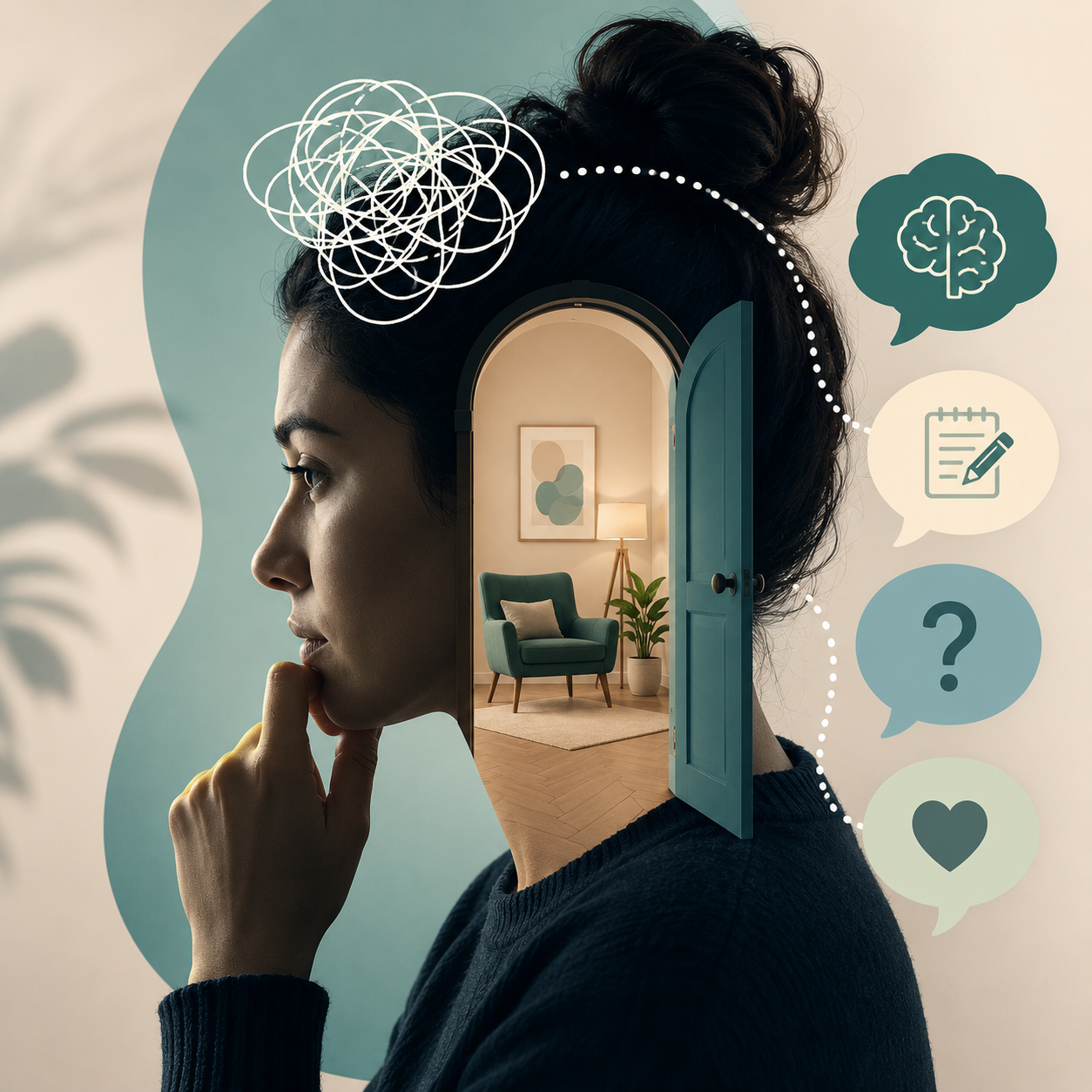 Illustration representing AI helping someone organise thoughts before therapy